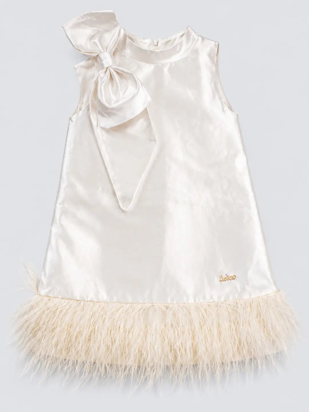 Ivory Satin Bow & Feather Trim Party Dress for Girls