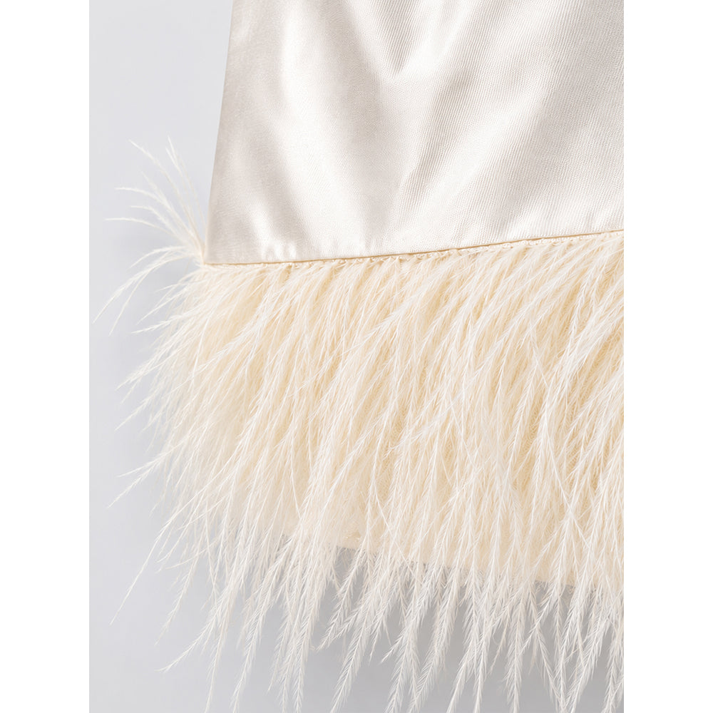 Ivory Satin Bow & Feather Trim Party Dress for Girls