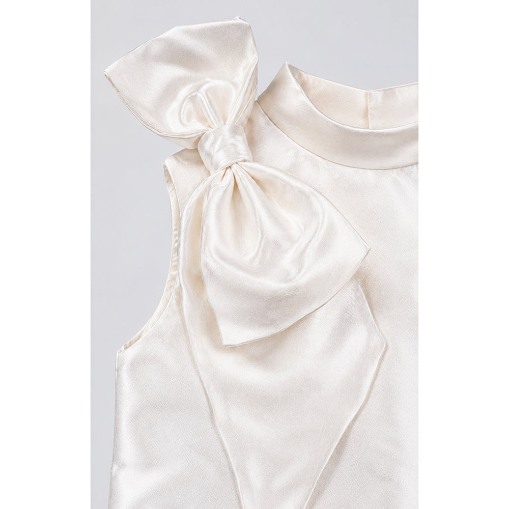 Ivory Satin Bow & Feather Trim Party Dress for Girls
