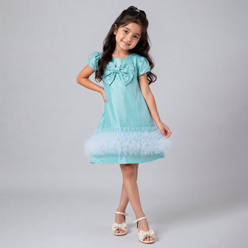 Mint Green Shimmer Ruffle Party Dress with Detachable Bow for Girls