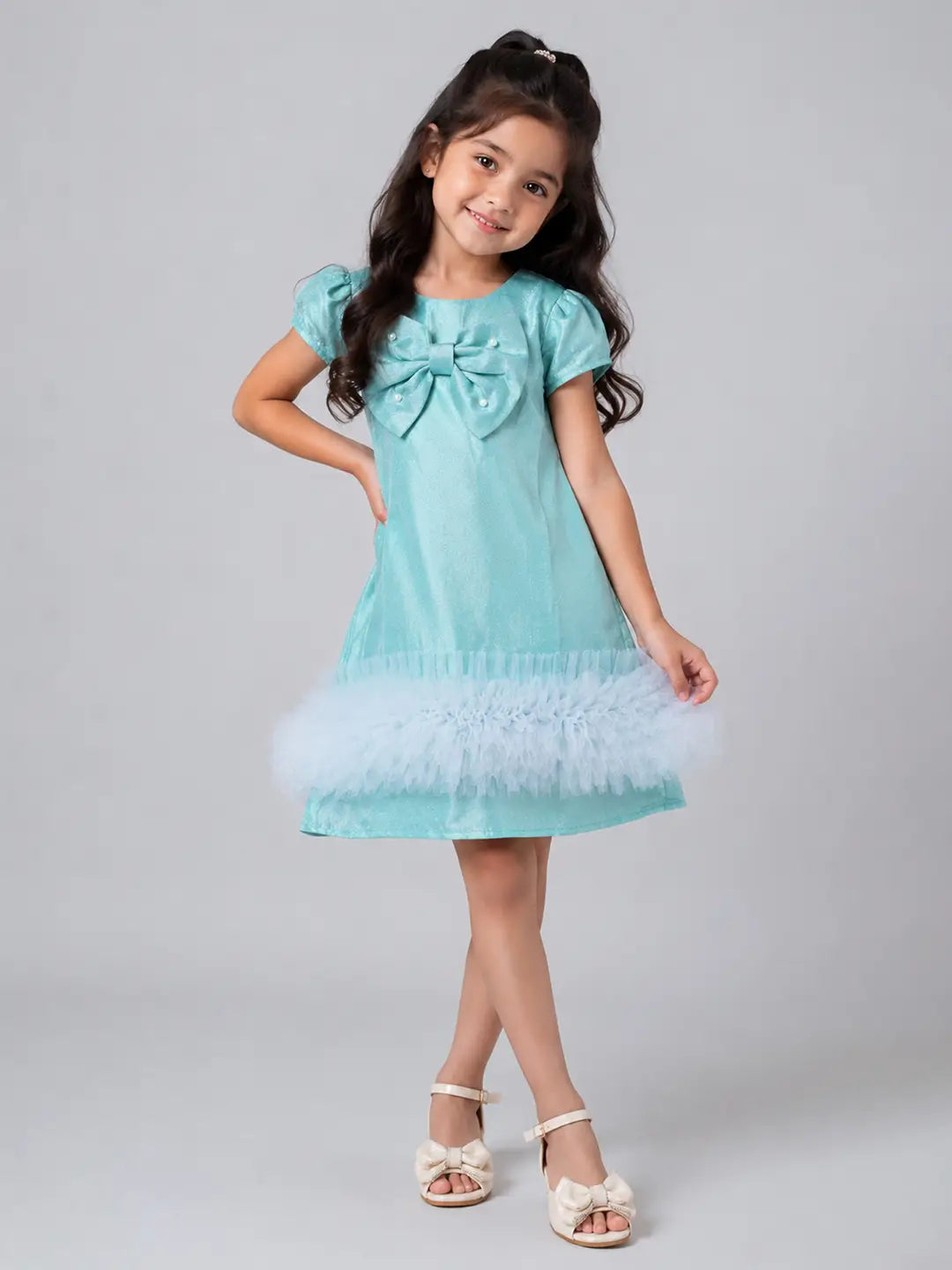 Mint Green Shimmer Ruffle Party Dress with Detachable Bow for Girls