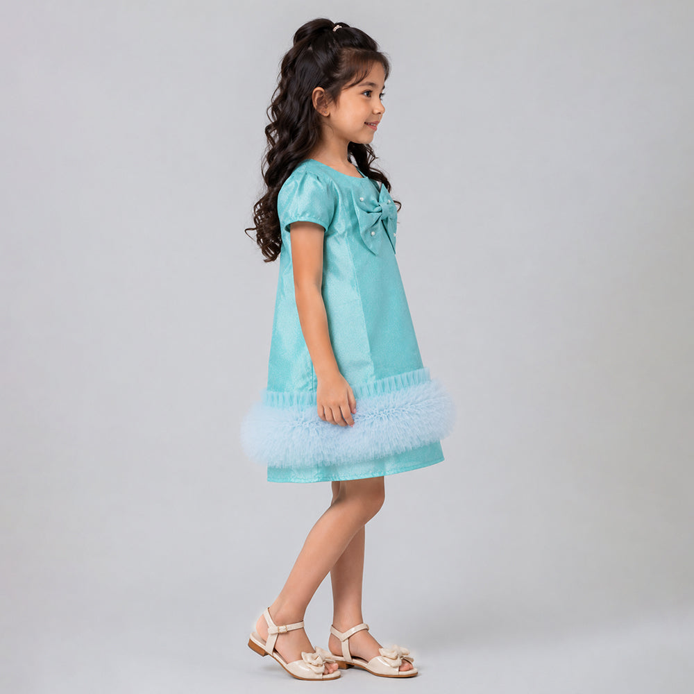 Mint Green Shimmer Ruffle Party Dress with Detachable Bow for Girls