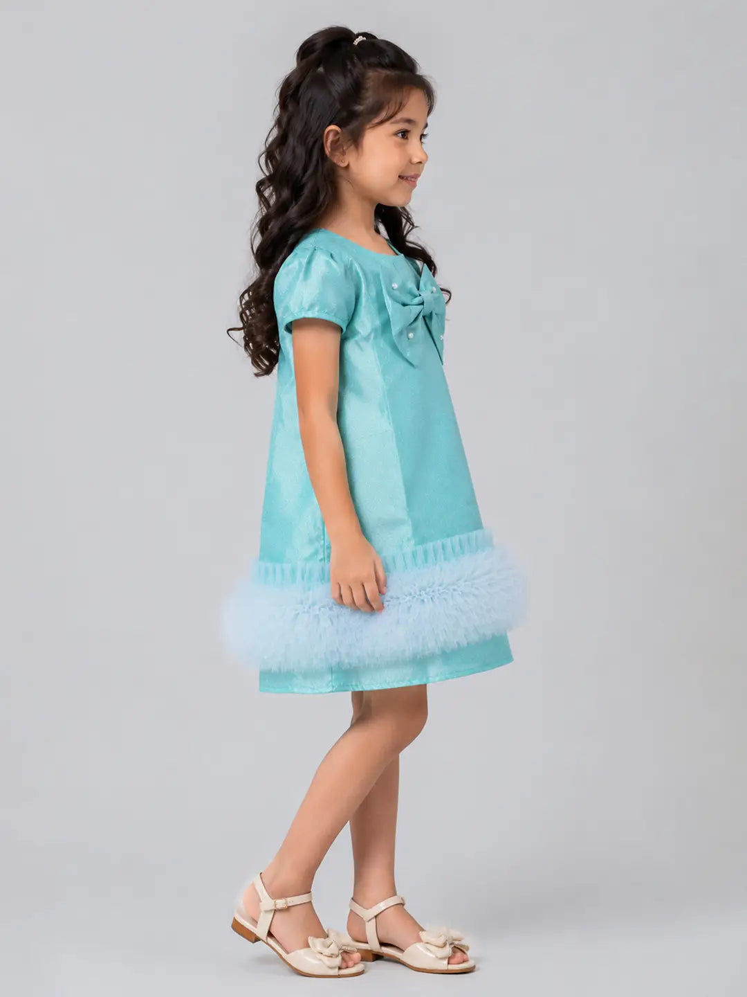 Mint Green Shimmer Ruffle Party Dress with Detachable Bow for Girls