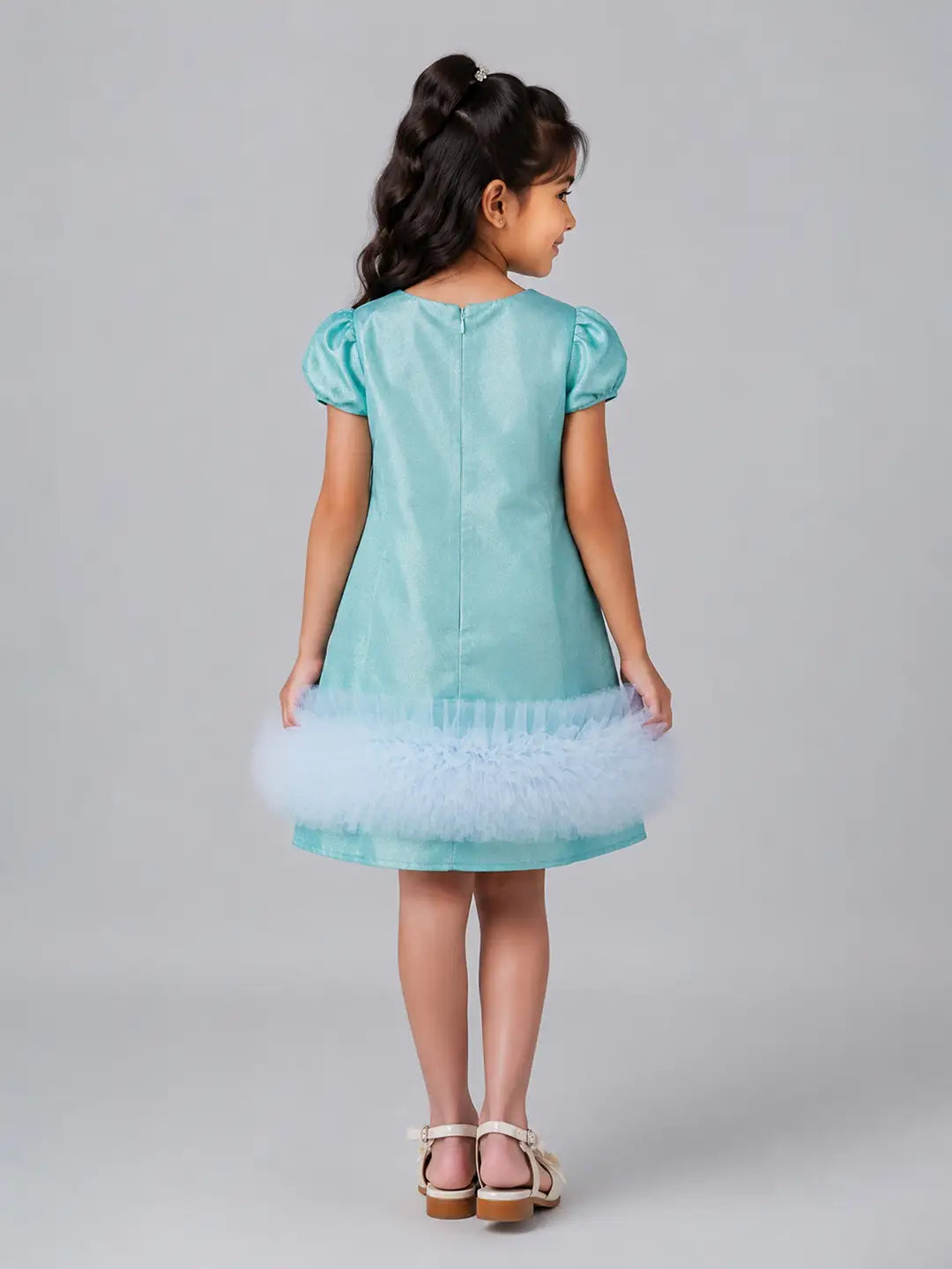 Mint Green Shimmer Ruffle Party Dress with Detachable Bow for Girls