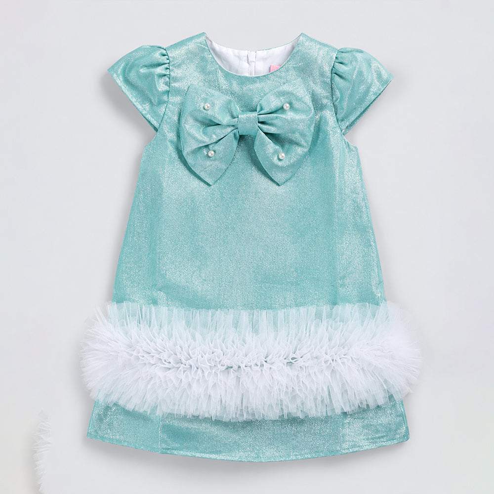Mint Green Shimmer Ruffle Party Dress with Detachable Bow for Girls