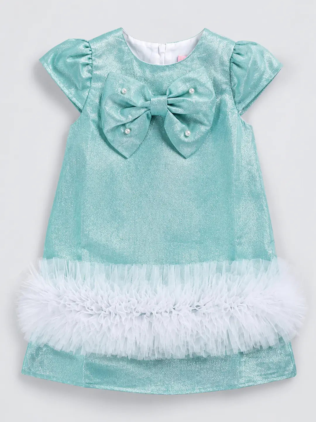 Mint Green Shimmer Ruffle Party Dress with Detachable Bow for Girls