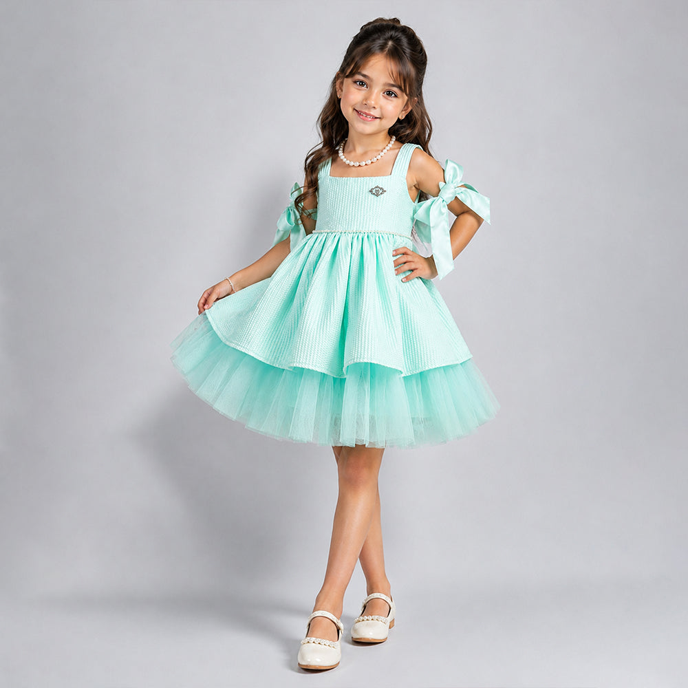 Pearl Mint Green Off-Shoulder Bow Party Dress for Girls