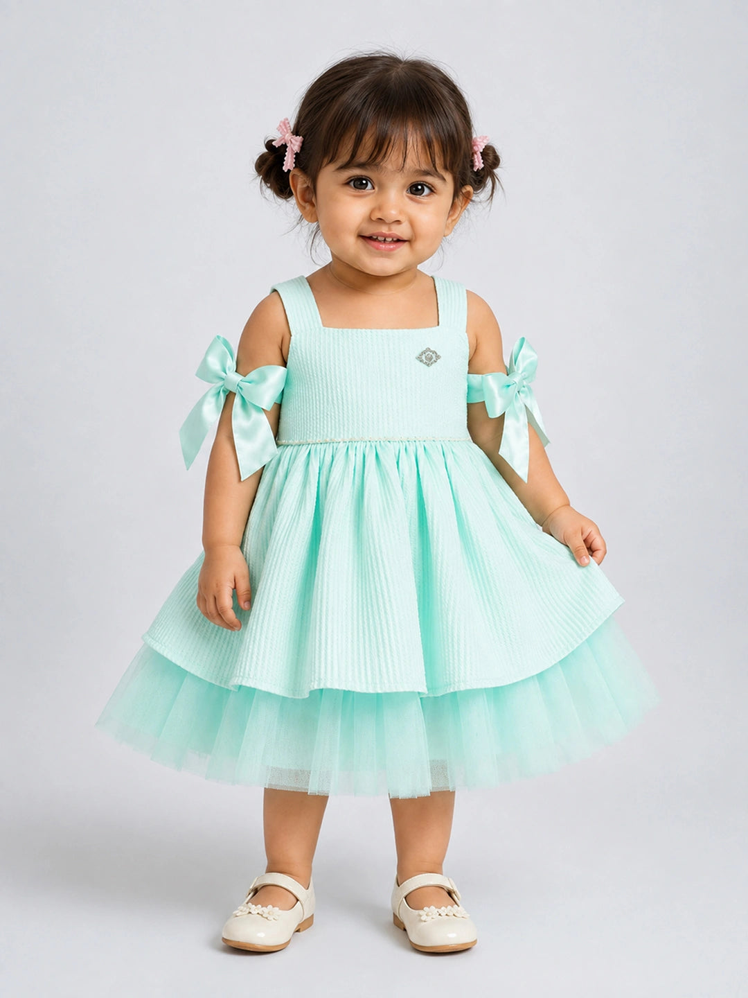 Pearl Mint Green Off-Shoulder Bow Party Dress for Girls