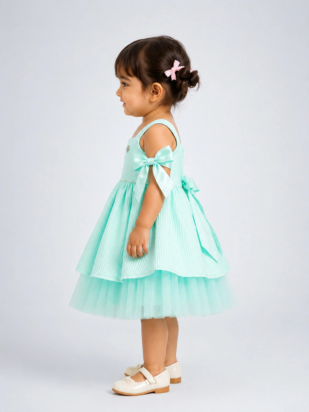 Pearl Mint Green Off-Shoulder Bow Party Dress for Girls