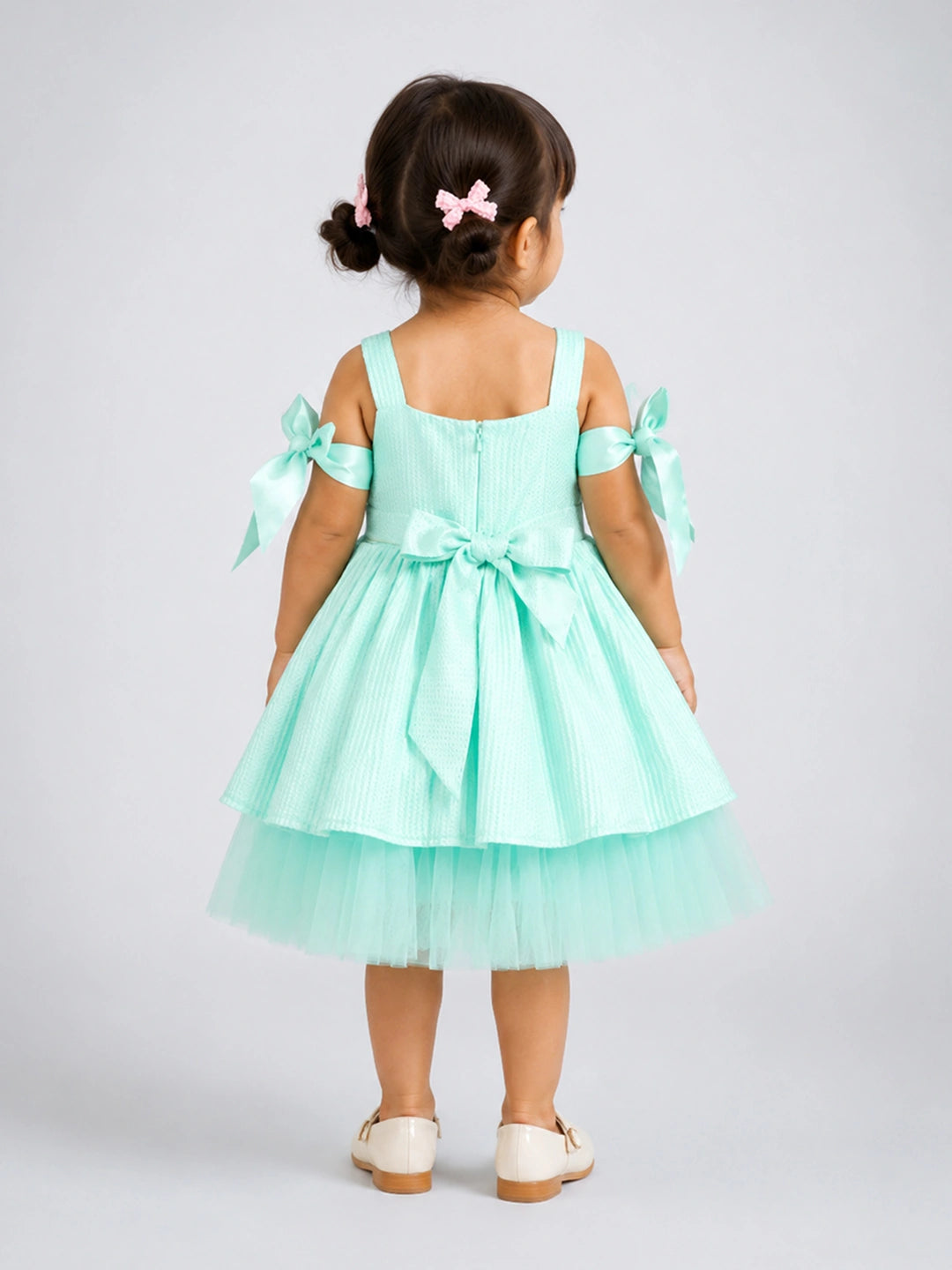 Pearl Mint Green Off-Shoulder Bow Party Dress for Girls