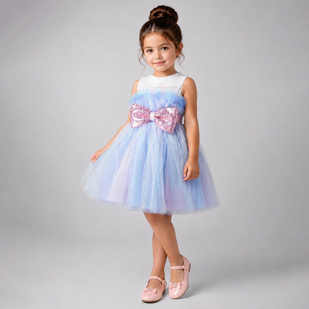 Pastel Multicolour Tulle Party Dress with Detachable Sequin Bow for Girls