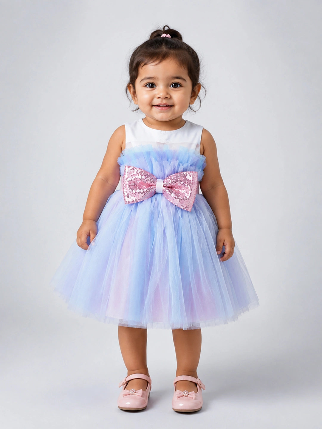 Pastel Multicolour Tulle Party Dress with Detachable Sequin Bow for Girls