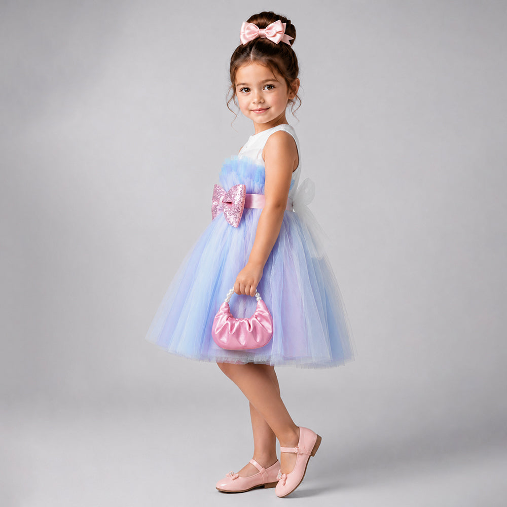 Pastel Multicolour Tulle Party Dress with Detachable Sequin Bow for Girls