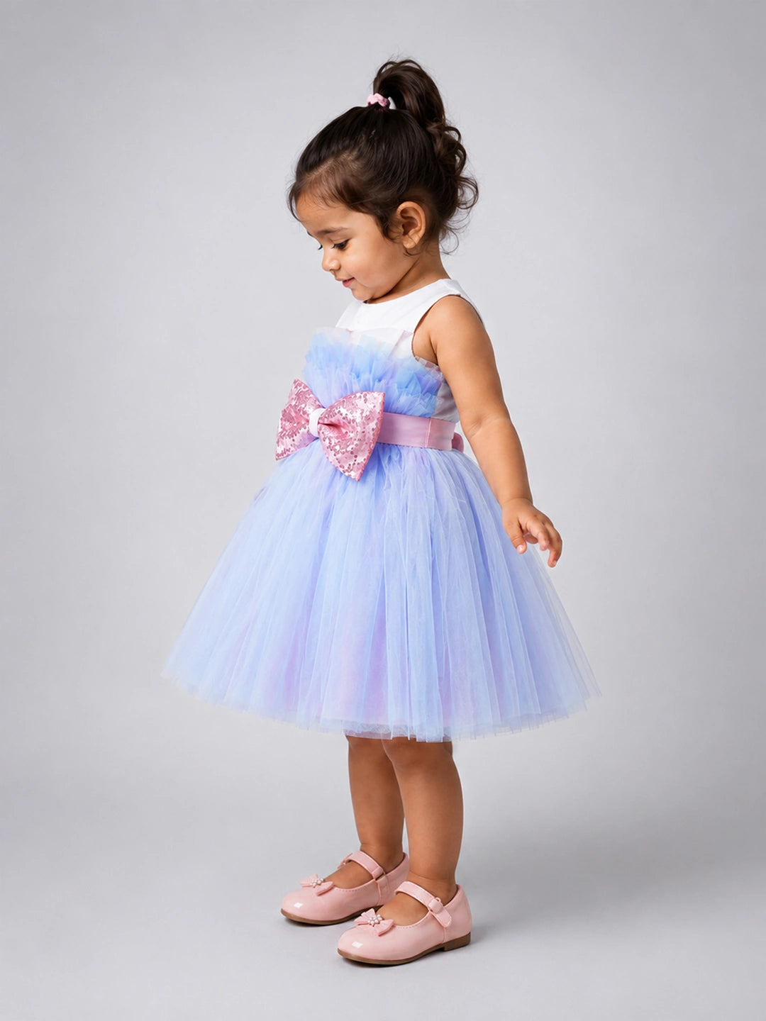 Pastel Multicolour Tulle Party Dress with Detachable Sequin Bow for Girls