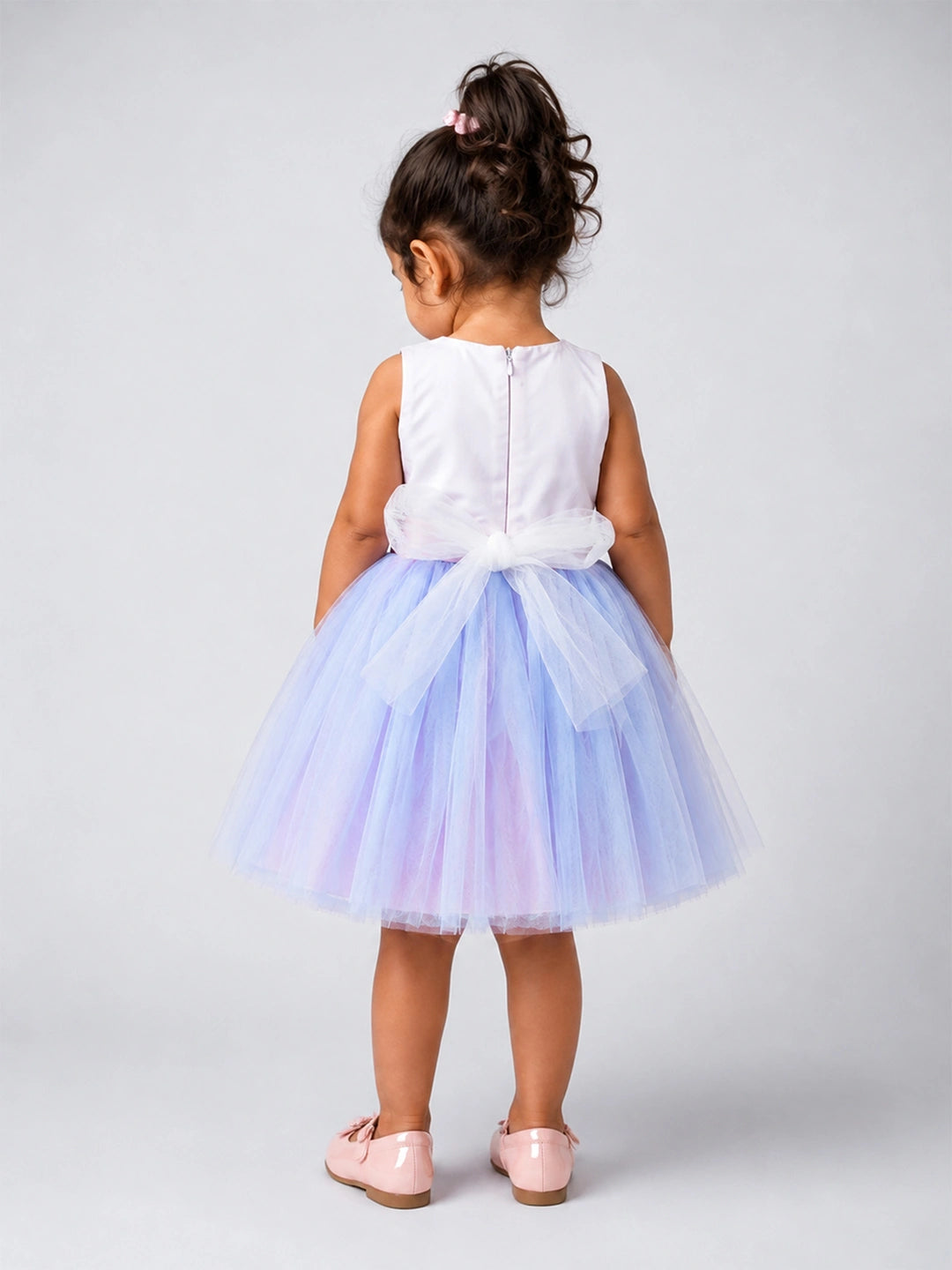 Pastel Multicolour Tulle Party Dress with Detachable Sequin Bow for Girls