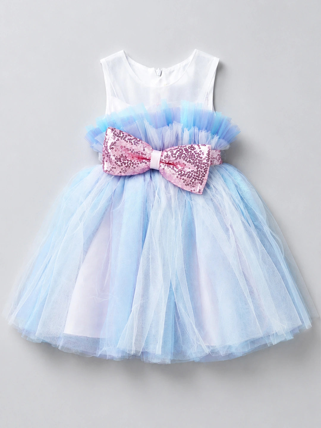 Pastel Multicolour Tulle Party Dress with Detachable Sequin Bow for Girls