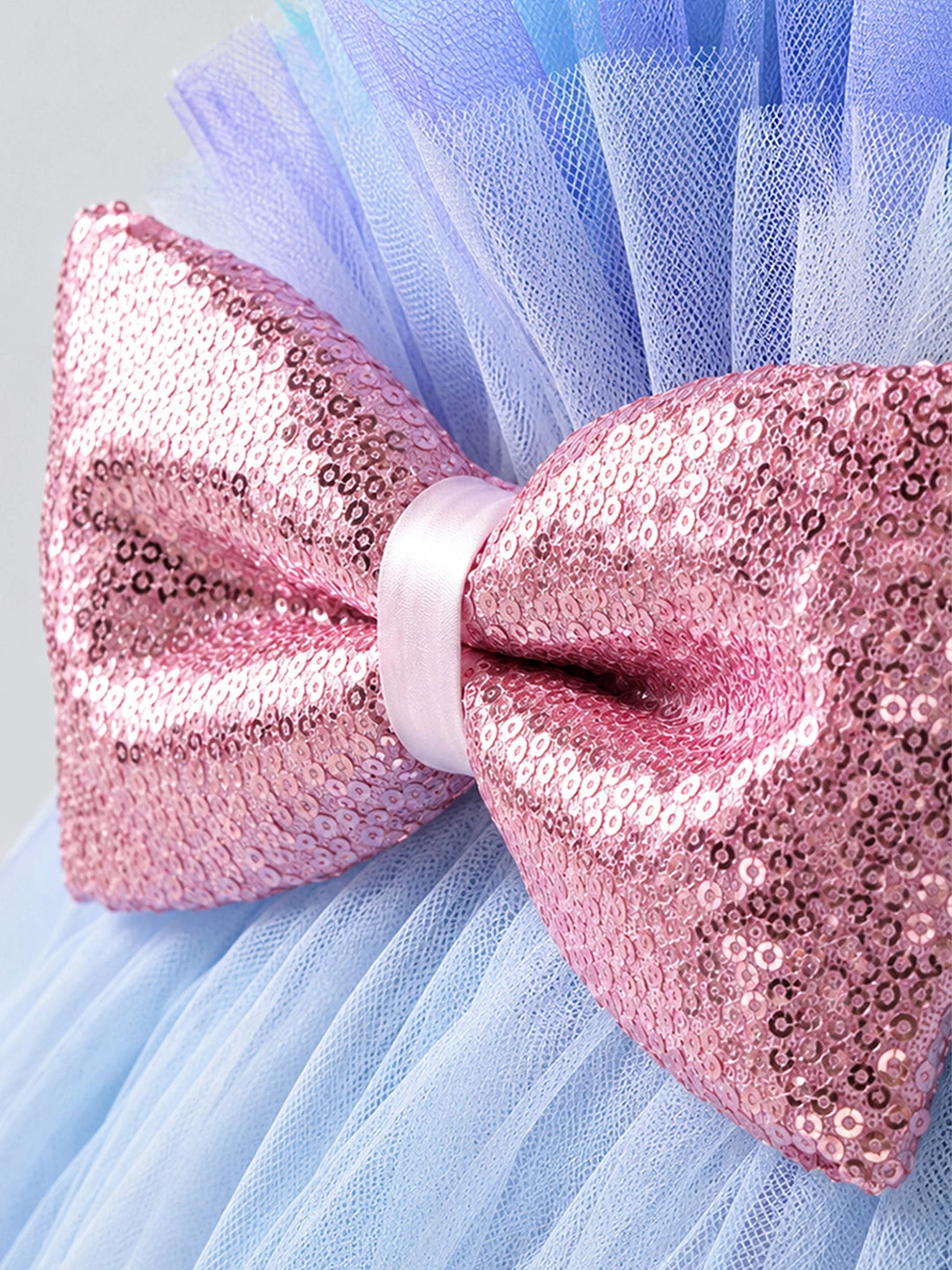 Pastel Multicolour Tulle Party Dress with Detachable Sequin Bow for Girls
