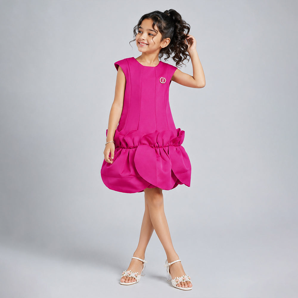 Fuschia Pink Petal Ruffle style Party Dress with Crown Brooch for Girls