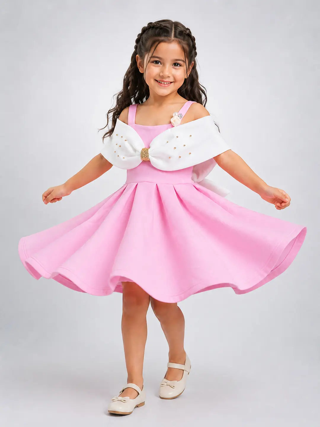 Pink Oversized Bow Party Dress with Floral Pearl Brooch accessory for Girls