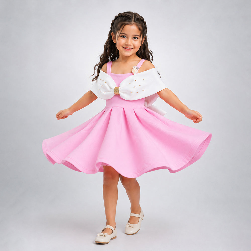 Pink Oversized Bow Party Dress with Floral Pearl Brooch accessory for Girls