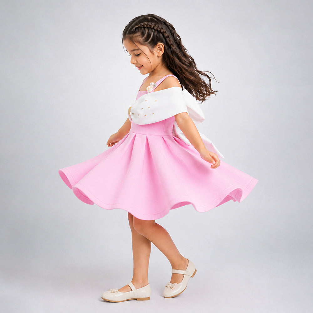 Pink Oversized Bow Party Dress with Floral Pearl Brooch accessory for Girls