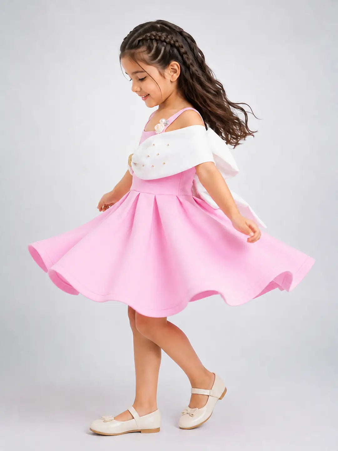 Pink Oversized Bow Party Dress with Floral Pearl Brooch accessory for Girls