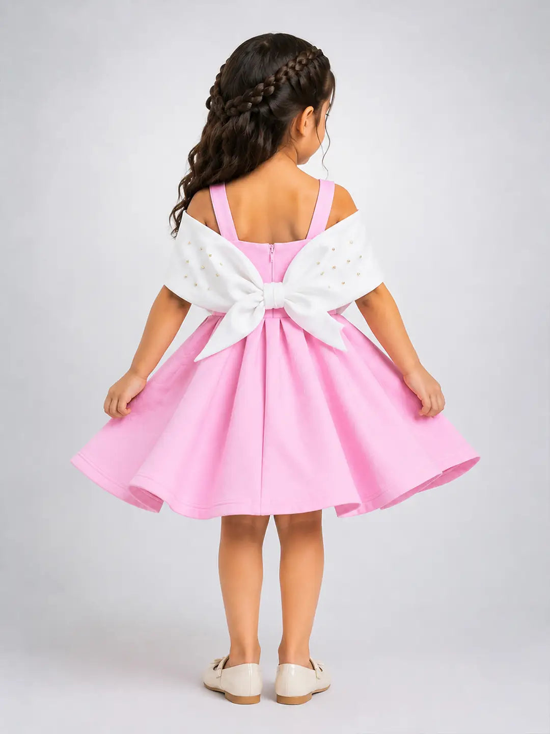 Pink Oversized Bow Party Dress with Floral Pearl Brooch accessory for Girls