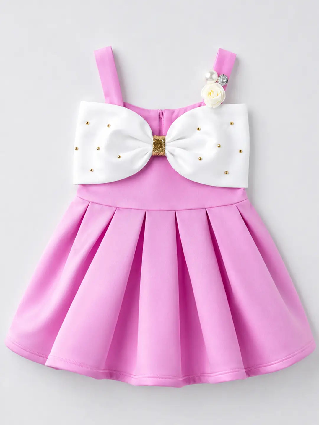 Pink Oversized Bow Party Dress with Floral Pearl Brooch accessory for Girls