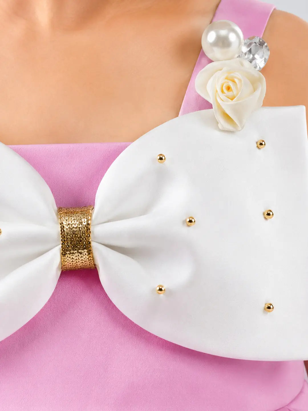 Pink Oversized Bow Party Dress with Floral Pearl Brooch accessory for Girls