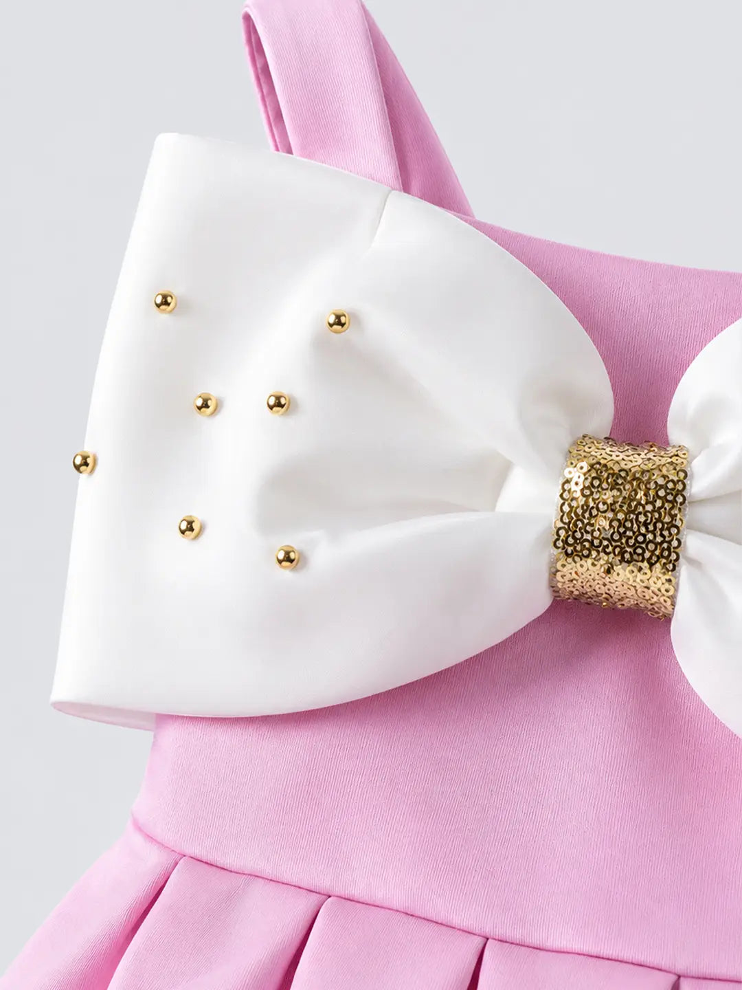 Pink Oversized Bow Party Dress with Floral Pearl Brooch accessory for Girls