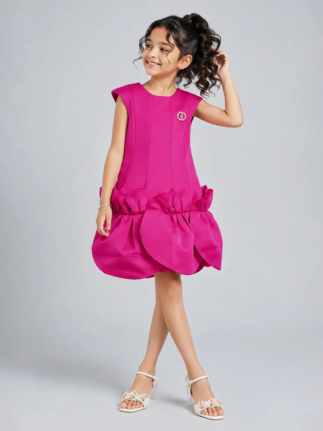 Fuschia Pink Petal Ruffle style Party Dress with Crown Brooch for Girls