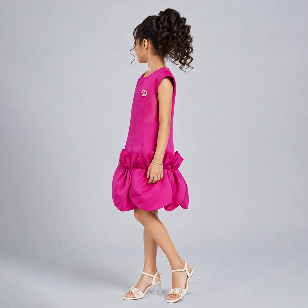 Fuschia Pink Petal Ruffle style Party Dress with Crown Brooch for Girls