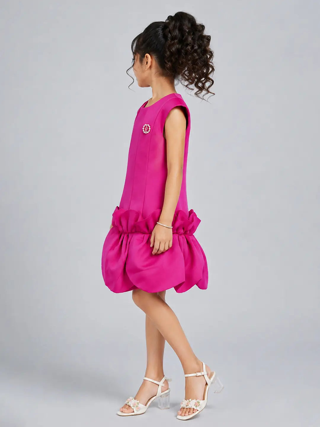 Fuschia Pink Petal Ruffle style Party Dress with Crown Brooch for Girls