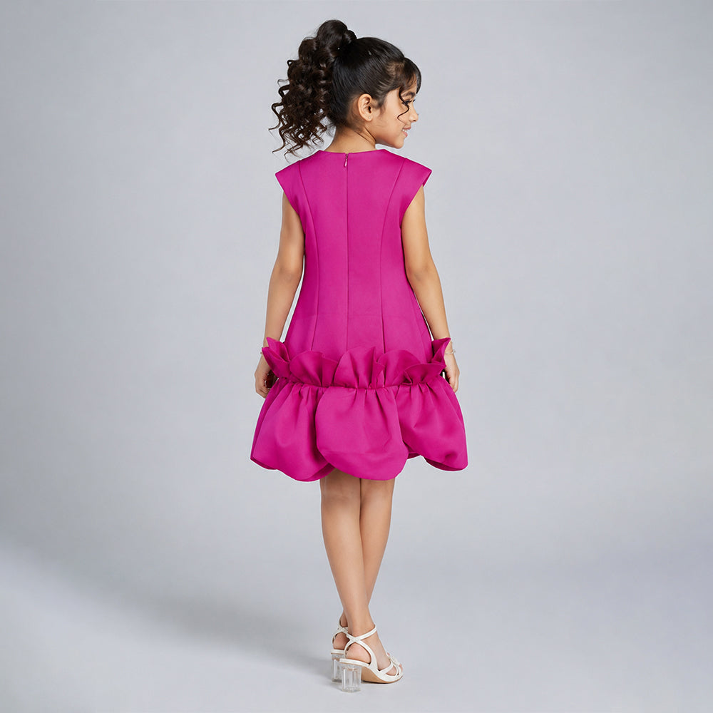 Fuschia Pink Petal Ruffle style Party Dress with Crown Brooch for Girls