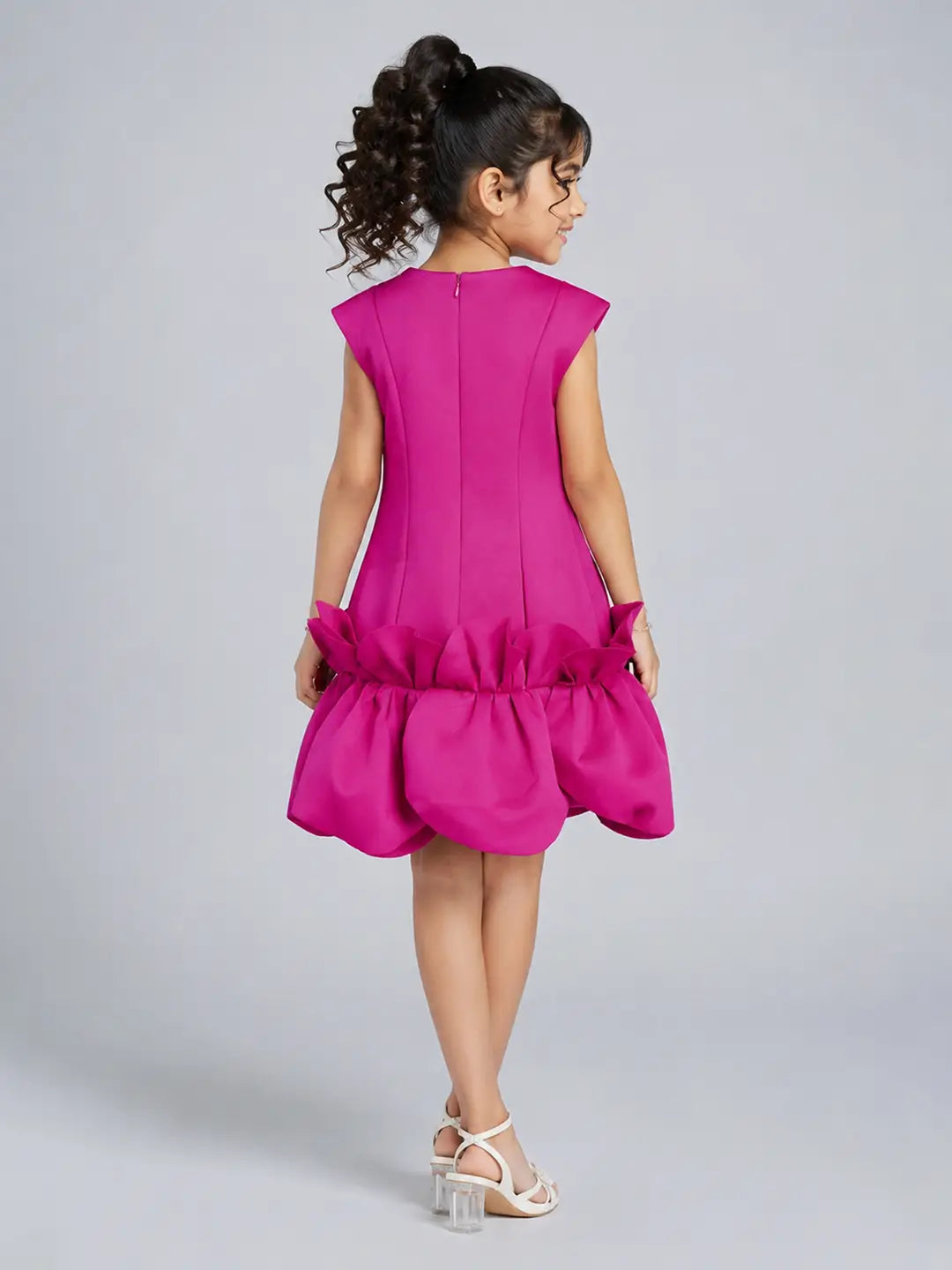 Fuschia Pink Petal Ruffle style Party Dress with Crown Brooch for Girls