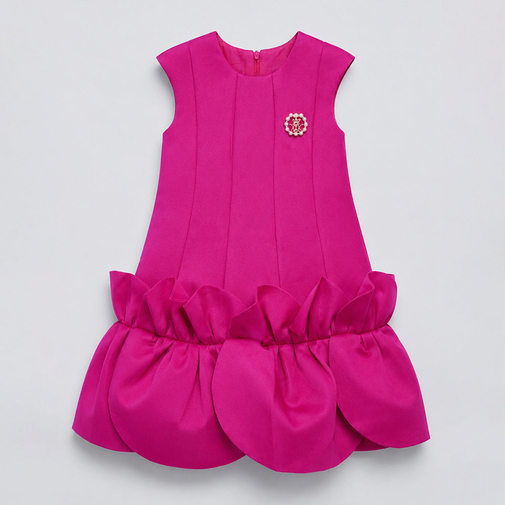 Fuschia Pink Petal Ruffle style Party Dress with Crown Brooch for Girls