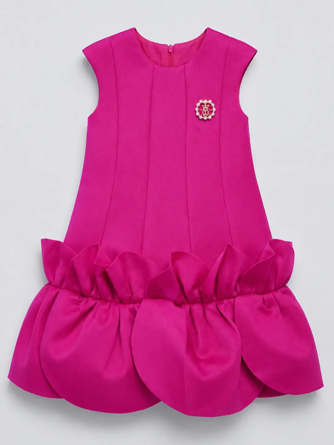 Fuschia Pink Petal Ruffle style Party Dress with Crown Brooch for Girls
