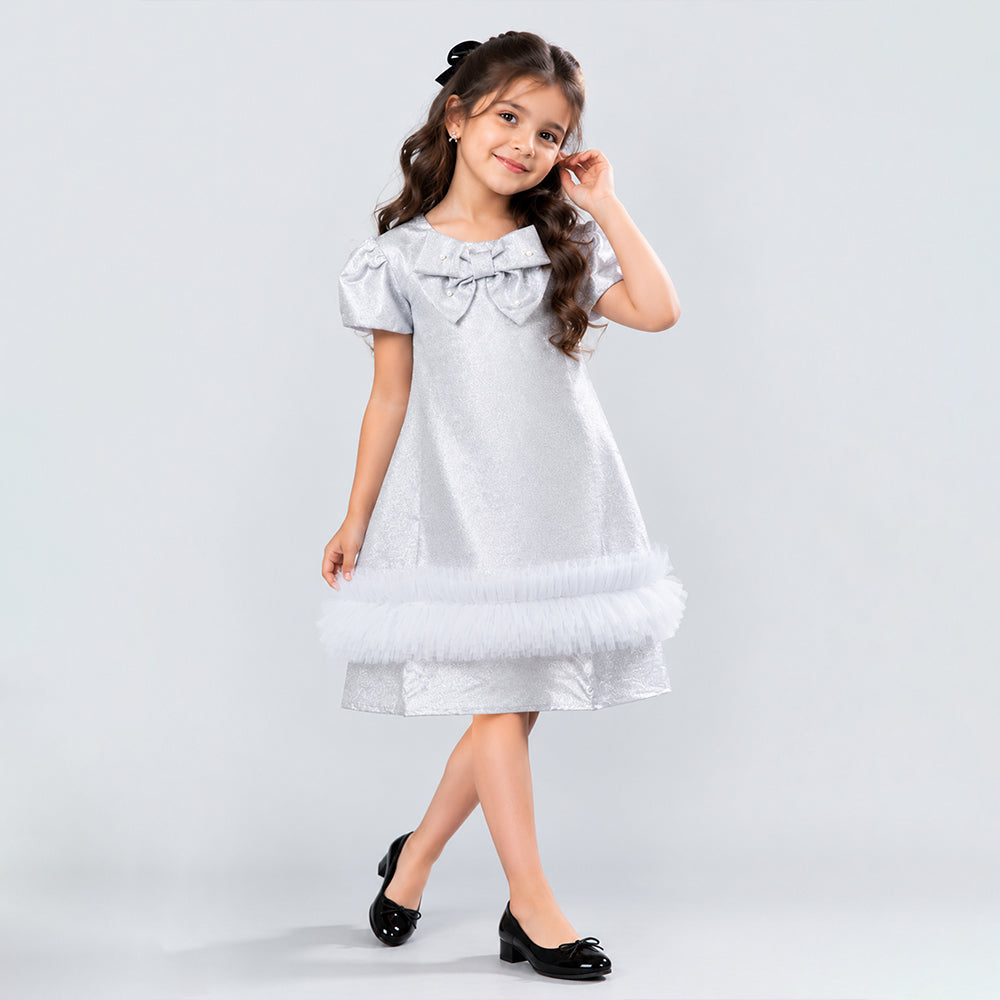 Silver Shimmer Ruffle Party Dress with Detachable Bow for Girls