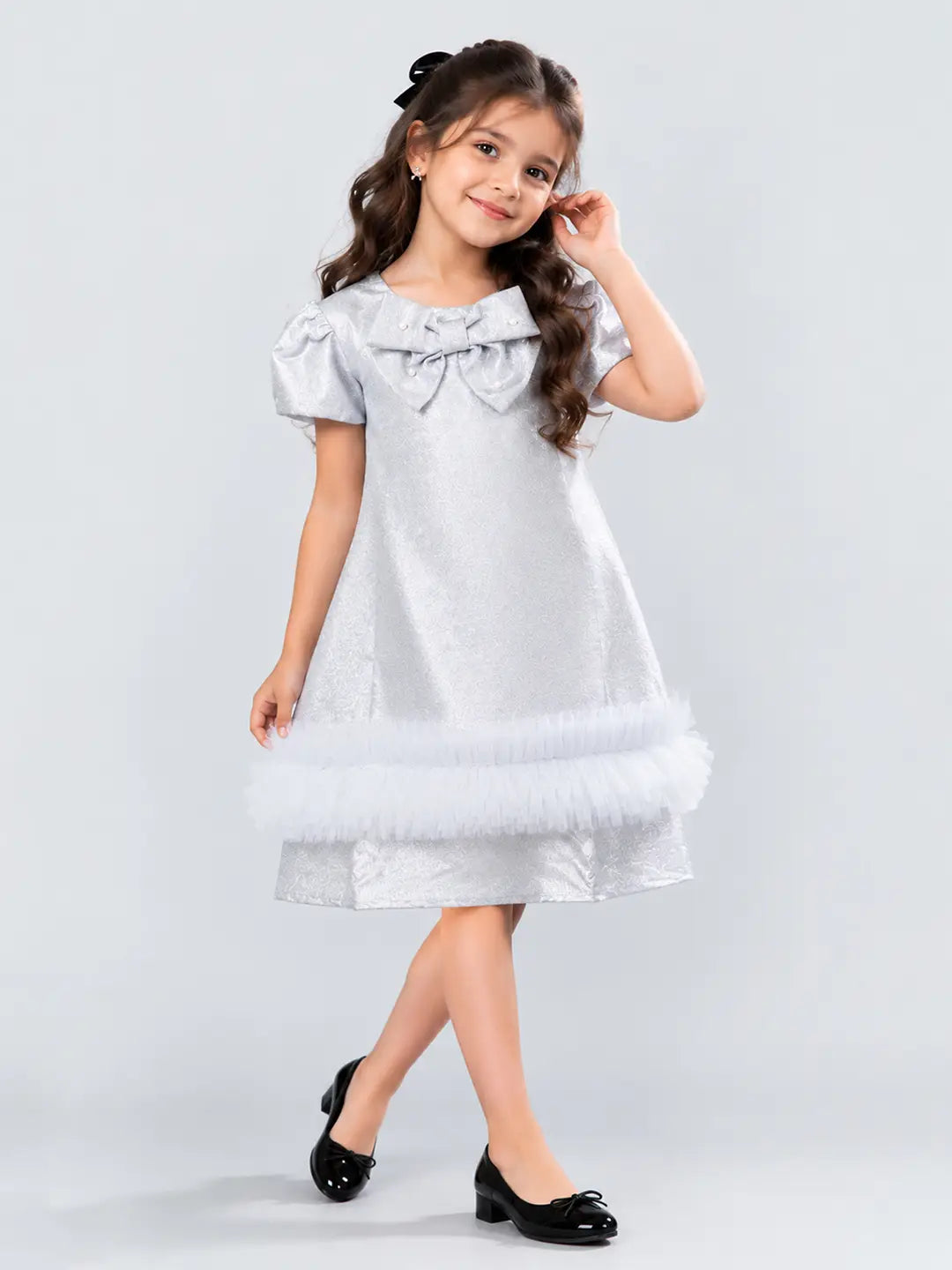 Silver Shimmer Ruffle Party Dress with Detachable Bow for Girls