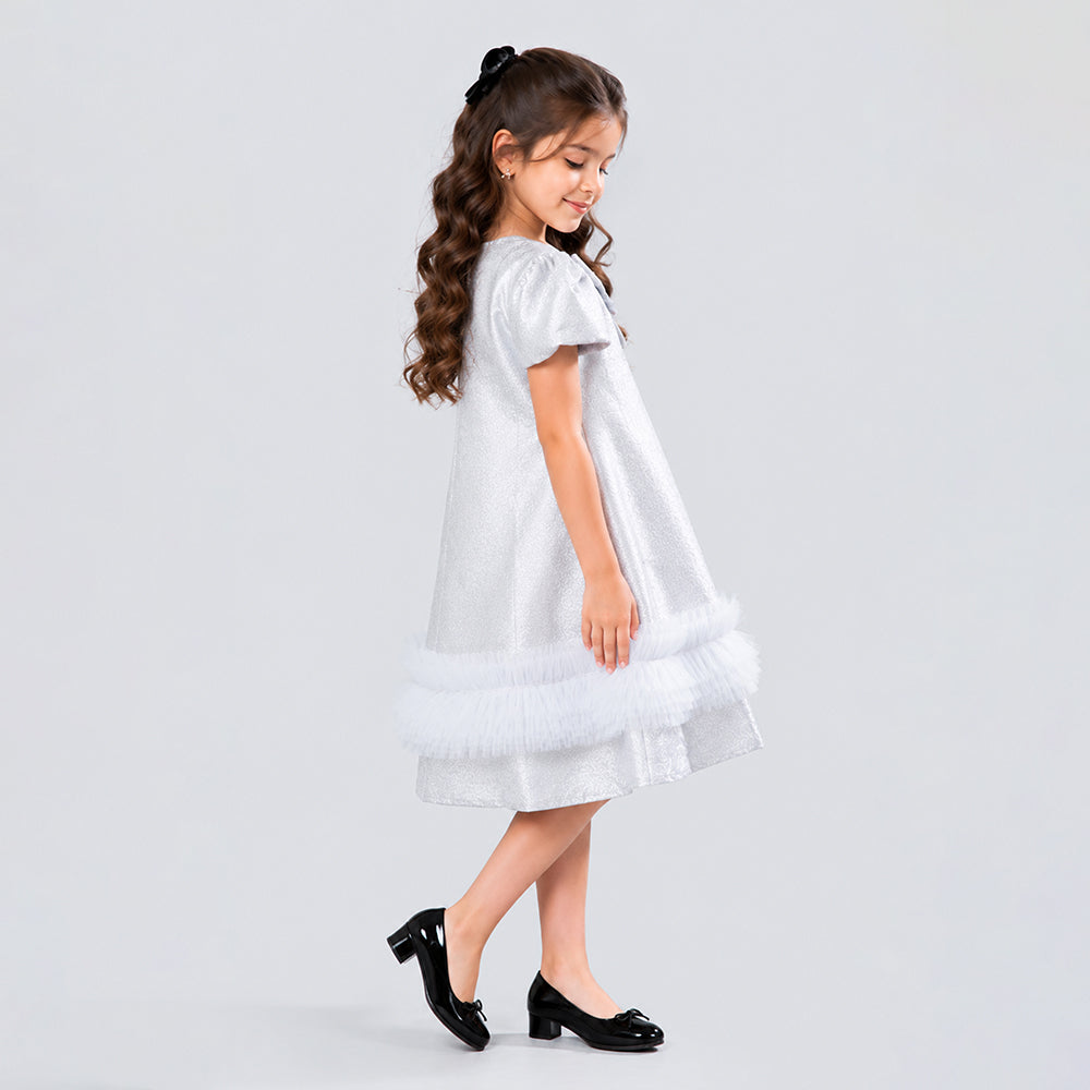 Silver Shimmer Ruffle Party Dress with Detachable Bow for Girls