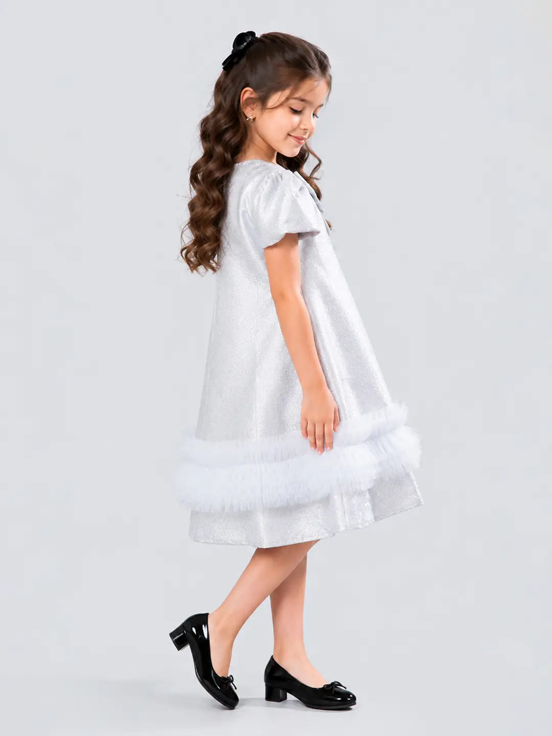 Silver Shimmer Ruffle Party Dress with Detachable Bow for Girls