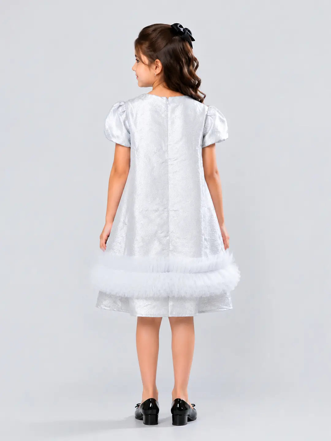 Silver Shimmer Ruffle Party Dress with Detachable Bow for Girls