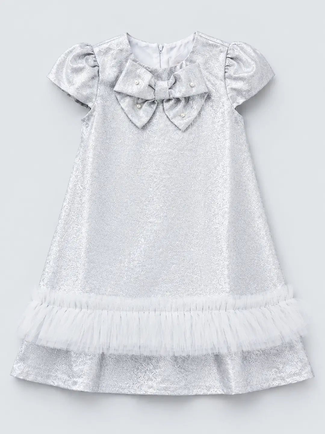 Silver Shimmer Ruffle Party Dress with Detachable Bow for Girls