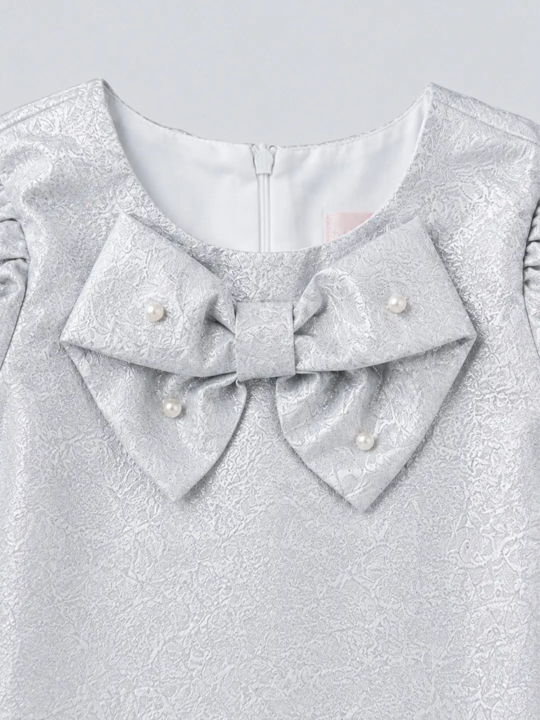 Silver Shimmer Ruffle Party Dress with Detachable Bow for Girls