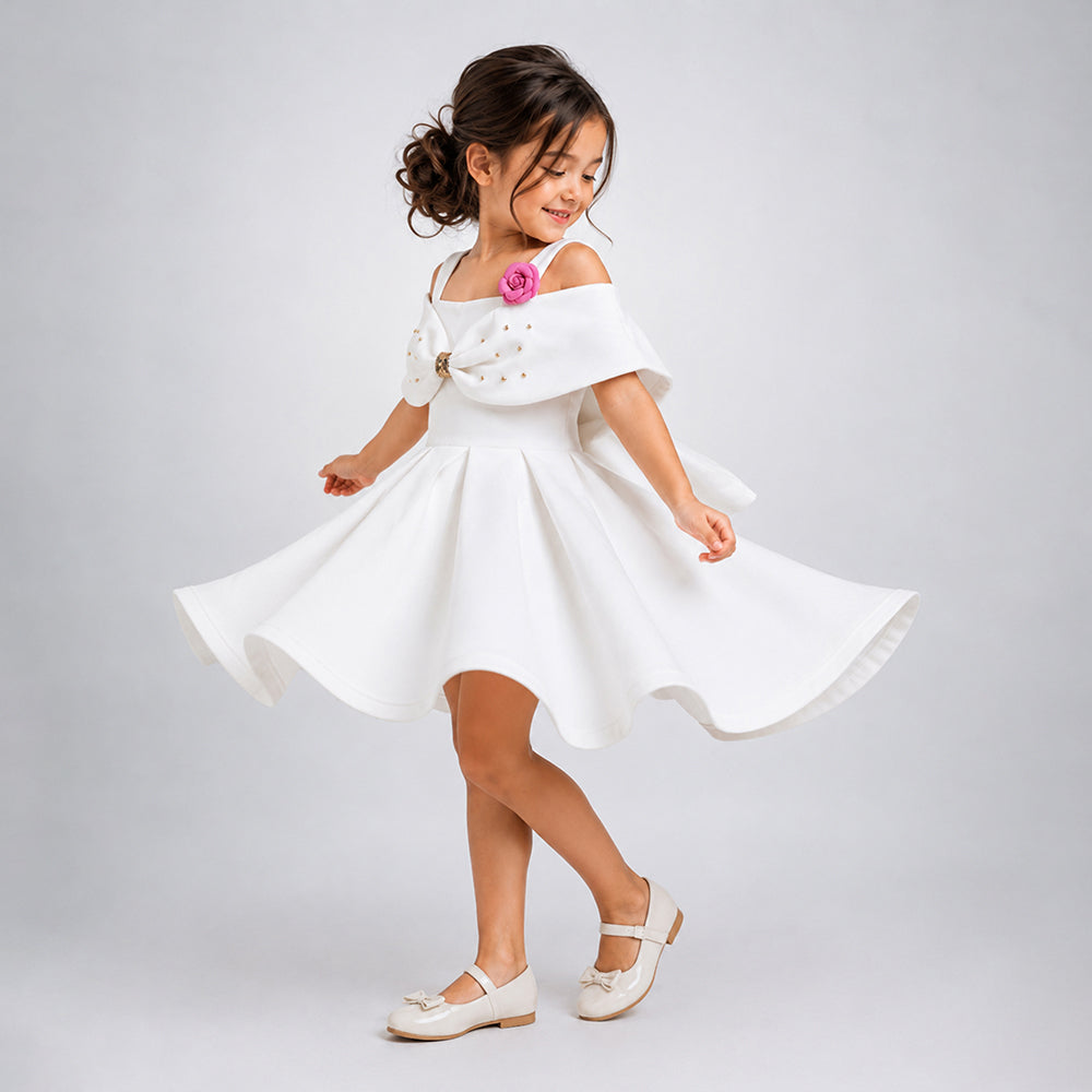 White Oversized Bow Party Dress with Rose Brooch Accessory for Girls