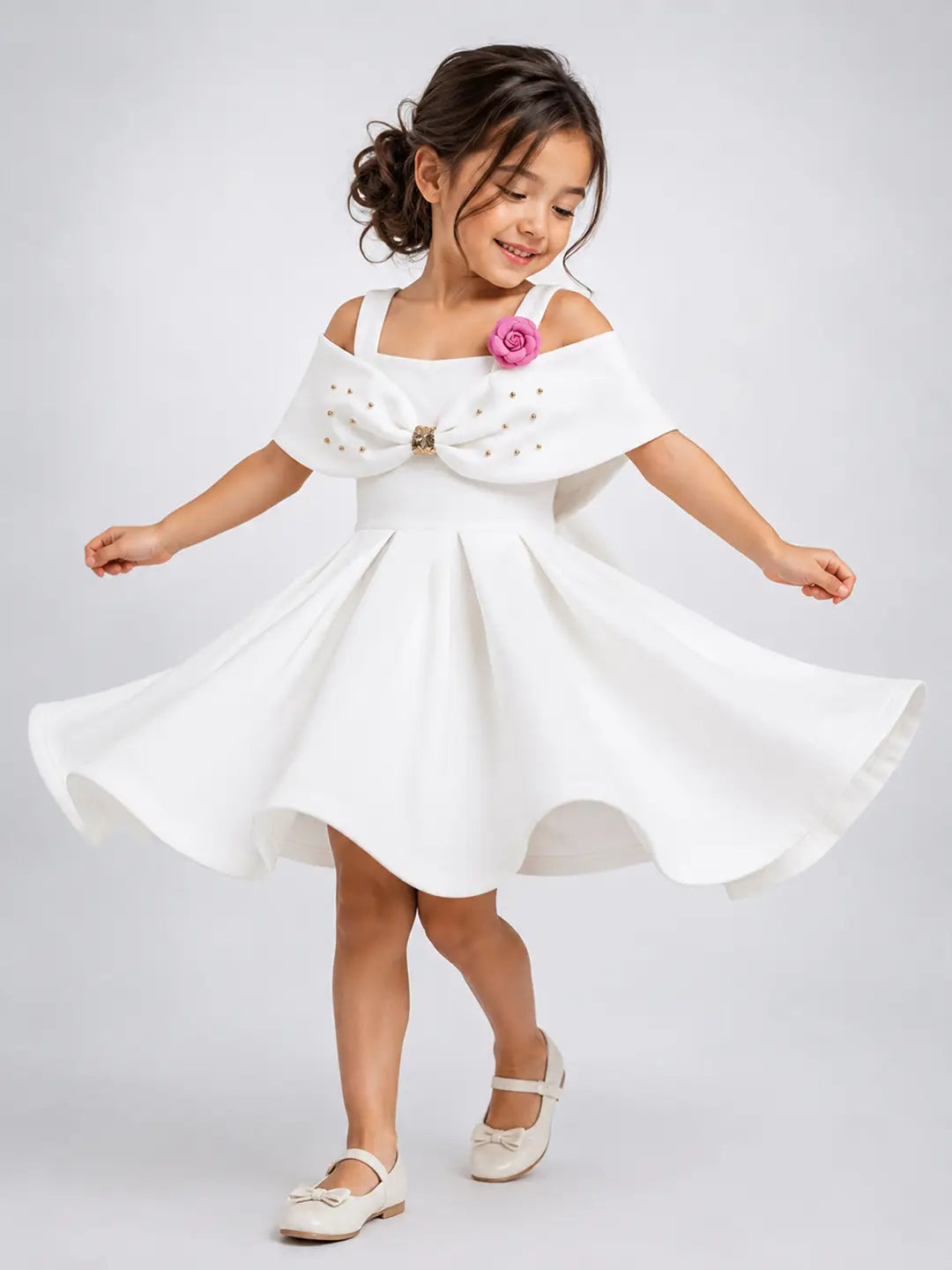 White Oversized Bow Party Dress with Rose Brooch Accessory for Girls