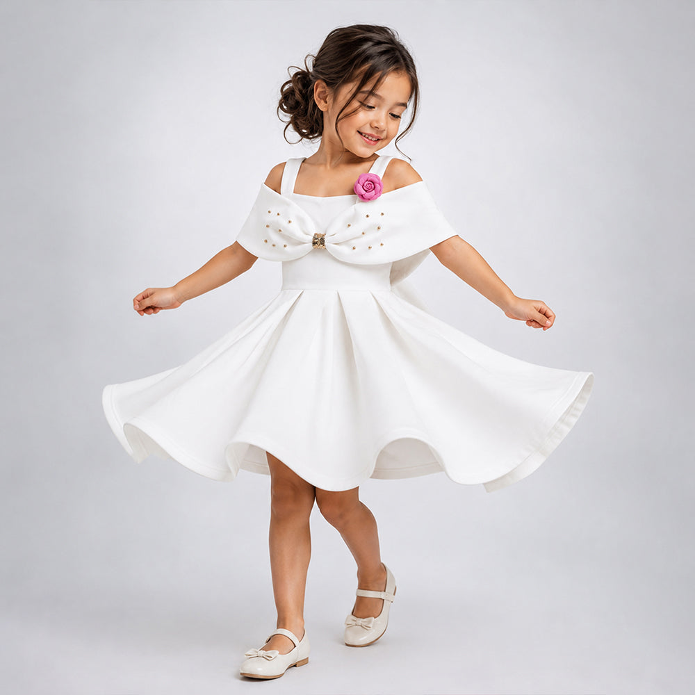 White Oversized Bow Party Dress with Rose Brooch Accessory for Girls