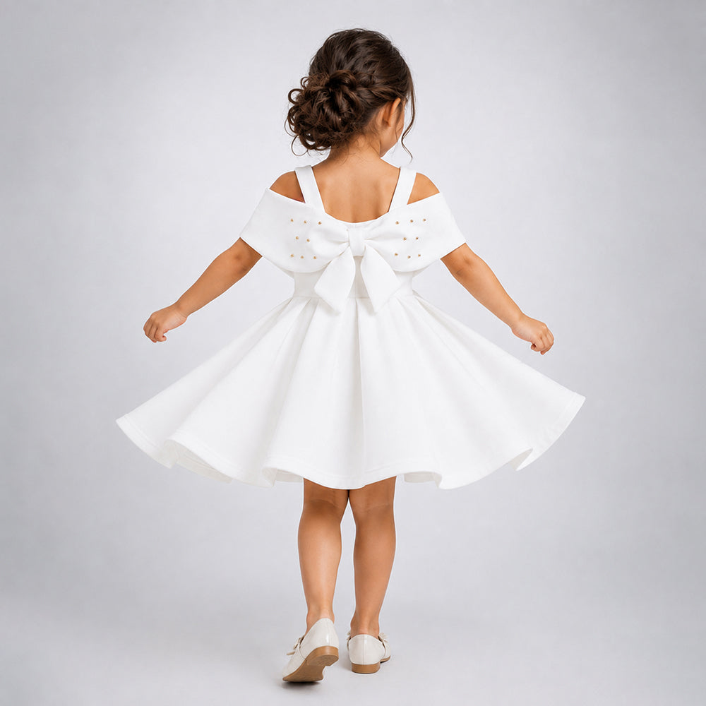 White Oversized Bow Party Dress with Rose Brooch Accessory for Girls