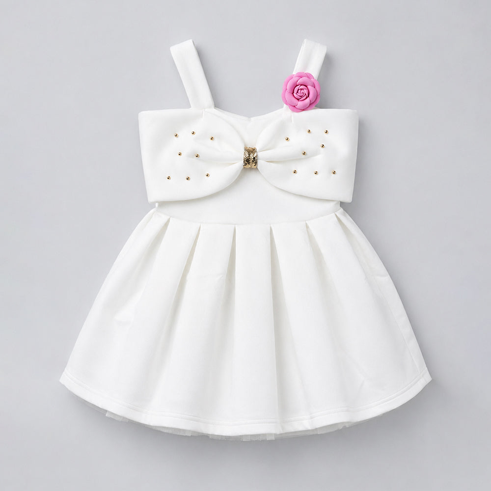 White Oversized Bow Party Dress with Rose Brooch Accessory for Girls