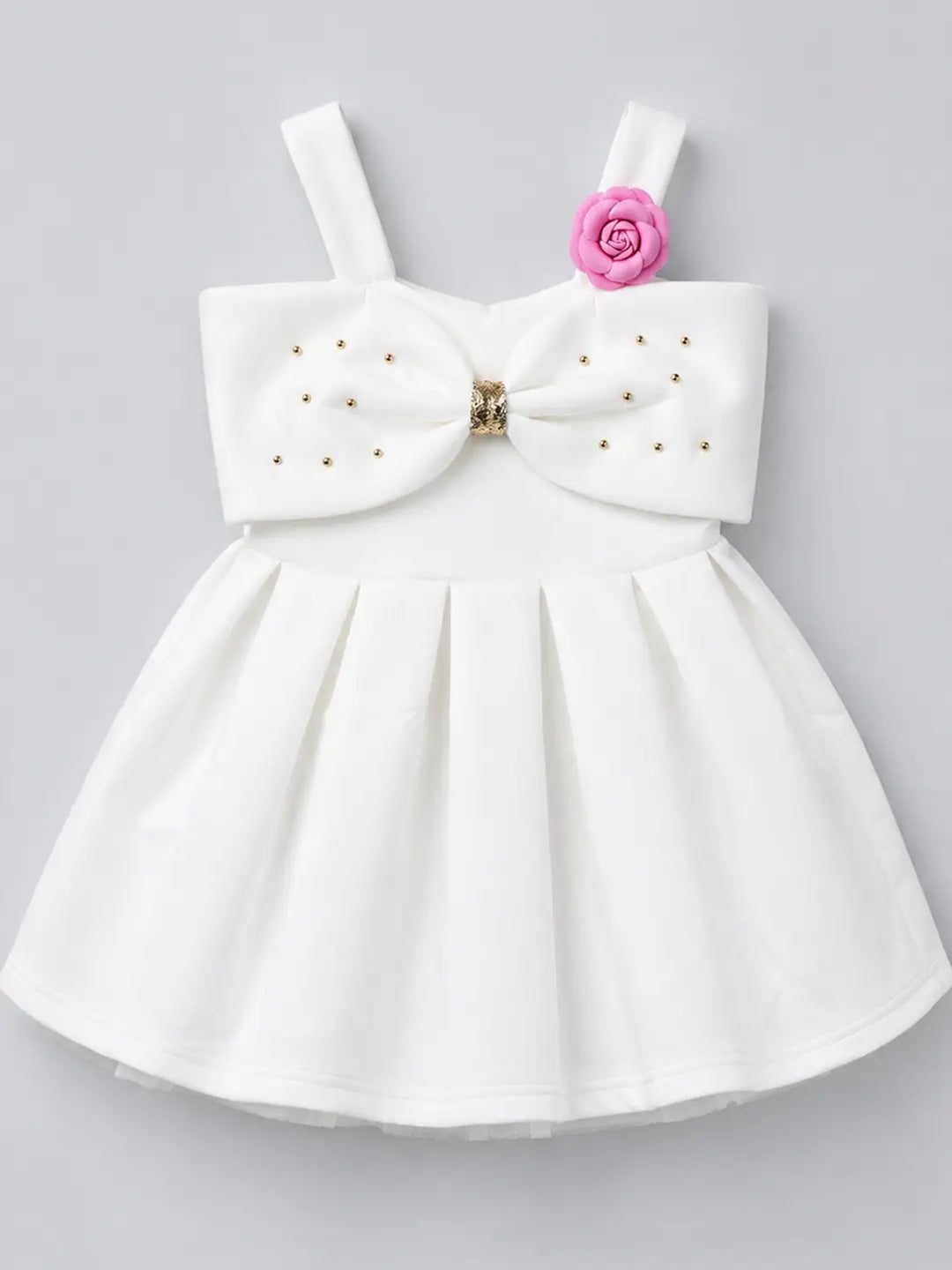 White Oversized Bow Party Dress with Rose Brooch Accessory for Girls
